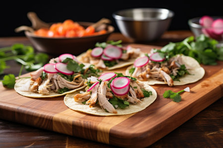 carnitas tacos served with pickled onions and cilantro on a wooden board, created with generative aiの素材