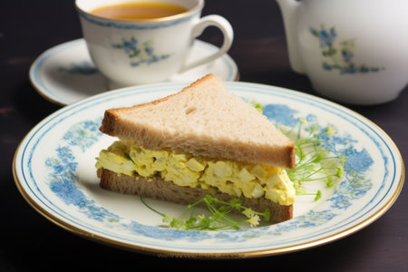 jasmine tea scented egg salad sandwich on a pottery dish, created with generative aiの素材