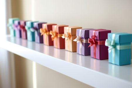 tiny gift boxes lined up on a shelf, created with generative aiの素材