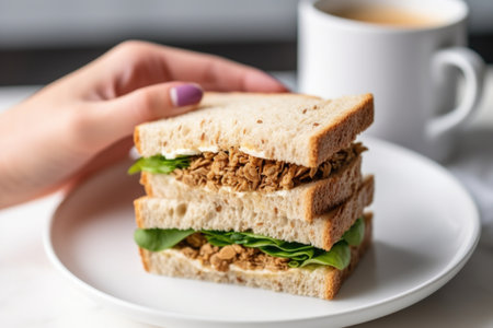 hand serving tempeh sandwich on white porcelain plate, created with generative aiの素材