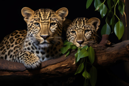 two leopards lounging together on a tree branch, created with generative aiの素材