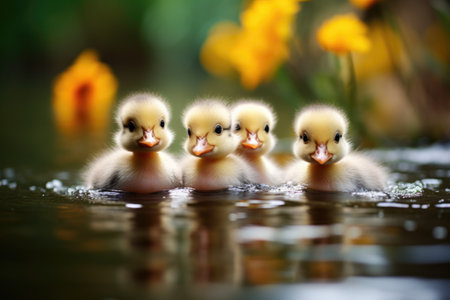 a group of ducklings swimming together in a pond, created with generative aiの素材