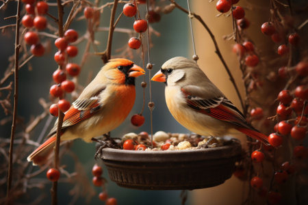 two different bird species feeding from the same bird feeder, created with generative aiの素材