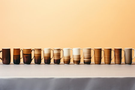 different sizes of coffee cups in a line, created with generative aiの素材