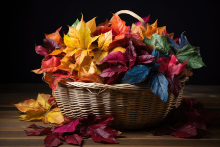 colorful fall leaves collected in a woven basket, created with generative aiの素材