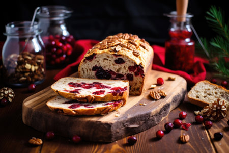 homemade loaf of cranberry walnut bread on a breadboard, created with generative aiの素材