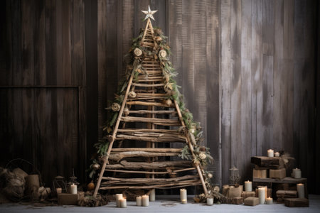 rustic wooden christmas tree decorated with simple straw garlands, created with generative aiの素材