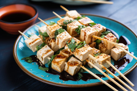 tofu skewers on a bamboo skewer and turquoise plate, created with generative aiの素材