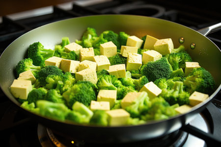 stirring tofu and broccoli in a sizzling pan, created with generative aiの素材