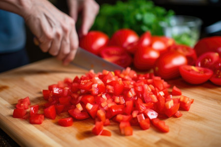 chopping red, ripe tomatoes for bruschetta topping, created with generative aiの素材