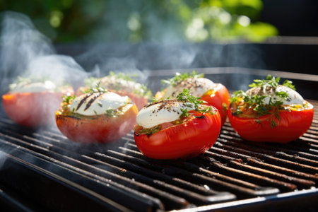 white smoke drifting over grilled tomatoes, created with generative aiの素材