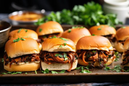bbq mushroom sliders tray with fresh parsley garnish, created with generative aiの素材