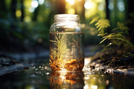 crystal clear glass jar filled with fresh water, created with generative aiの素材