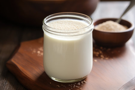 vanilla shake overflowing from a mason jar, on an oak table, created with generative aiの素材