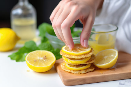 hand squeezing lemon onto vegan pancakes, created with generative aiの素材