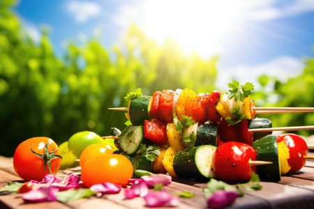 vegetable skewers with sunny summer background, created with generative aiの素材