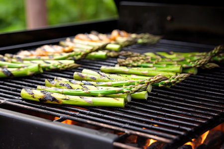 fresh asparagus spears grilling under a closed grill lid, created with generative aiの素材