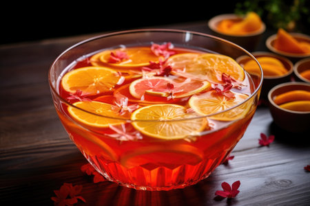 bowl of punch with floating fruit slices, created with generative aiの素材