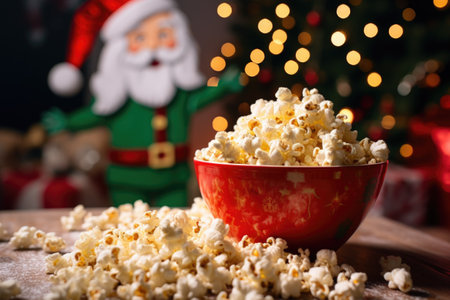 a bowl full of popcorn with a christmas movie playing in the background, created with generative aiの素材