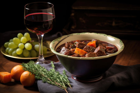 a glass of merlot wine next to a beef stew dish, created with generative aiの素材
