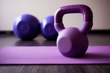 purple yoga mat and kettlebell representing pelvic floor exercise, created with generative aiの素材