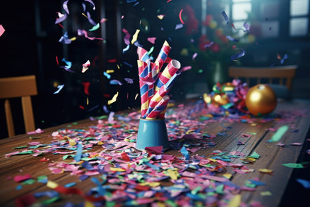 party popper with confetti scattered on desk, created with generative aiの素材