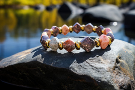 beaded bracelet on a rough granite stone in sunlight, created with generative aiの素材