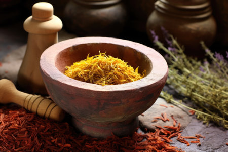 a close-up of a stone mortar and pestle grinding saffron threads, created with generative aiの素材