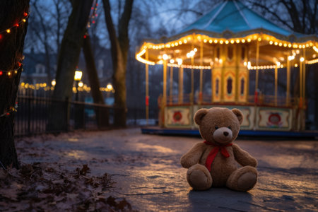 toy bear positioned near a night-lit carousel in park, created with generative aiの素材