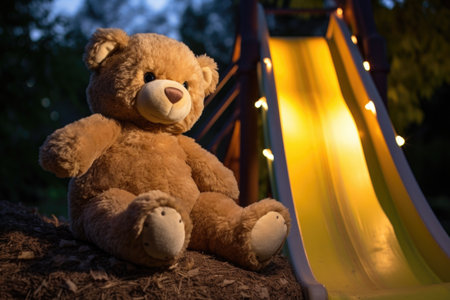 stuffed bear toy sitting on a park slide, night backdrop, created with generative aiの素材