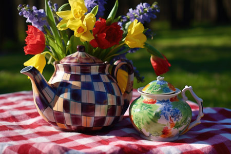 ceramic teapot with colorful flowers on a checkered picnic blanket in a park, created with generative aiの素材