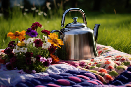 teapot surrounded by wildflowers on a soft wool picnic blanket, created with generative aiの素材