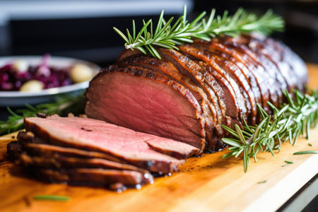 close-up of beautifully sliced beef brisket with a garnish, created with generative aiの素材