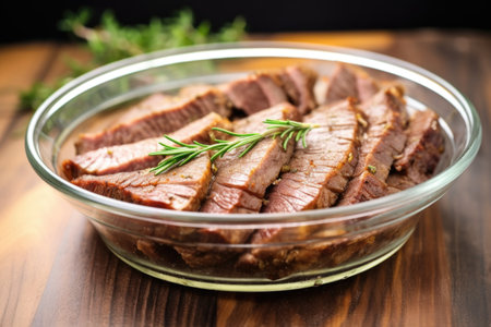 several beef brisket slices marinating in a clear glass bowl, created with generative aiの素材