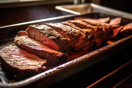 thick-cut beef brisket slices an oven tray, created with generative aiの素材