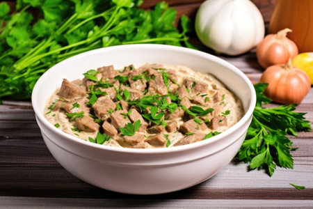vertical shot of a white bowl with beef stroganoff and fresh green parsley, created with generative aiの素材