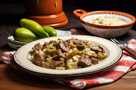 beef stroganoff with gherkins on ceramic plate, created with generative aiの素材