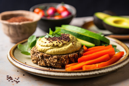 veggie burger with avocado and hummus, created with generative aiの素材
