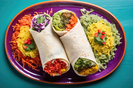 top view of three types of burritos on a colorful platter, created with generative aiの素材