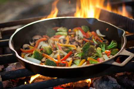 close-up of veggie stir fry in skillet on wood fire, created with generative aiの素材