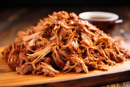close up of carolina pulled pork mound on wooden board, created with generative aiの素材