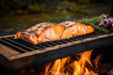 salmon on a cedar plank over hot charcoal in a grill, created with generative aiの素材