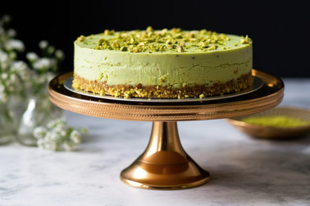 pistachio cheesecake on a metallic cake stand, created with generative aiの素材