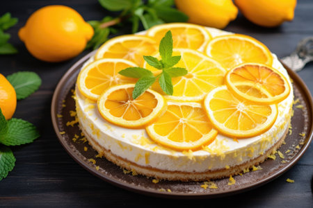 lemon cheesecake decorated with citrus slices, created with generative aiの素材