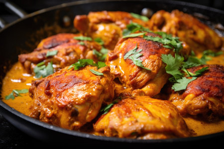 detailed shot of a chicken thigh cooked in curry sauce, created with generative aiの素材