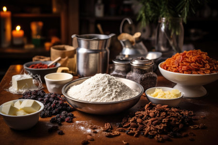 a platter of christmas cake ingredients on a kitchen counter, created with generative aiの素材