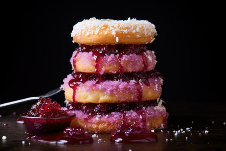 a stack of sugar dusted donuts, one cut to reveal jelly, created with generative aiの素材