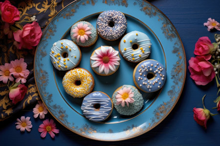 overhead shot of donuts arranged on a blue plate, created with generative aiの素材