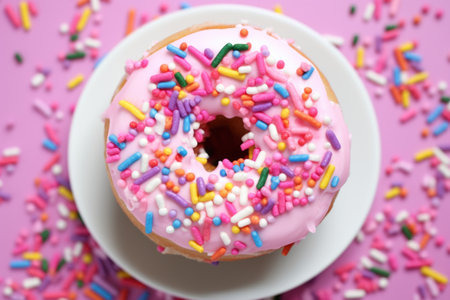 a pink frosted donut with rainbow sprinkles shot from above, created with generative aiの素材