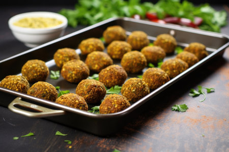 baking tray with falafel ready to be oven cooked, created with generative aiの素材